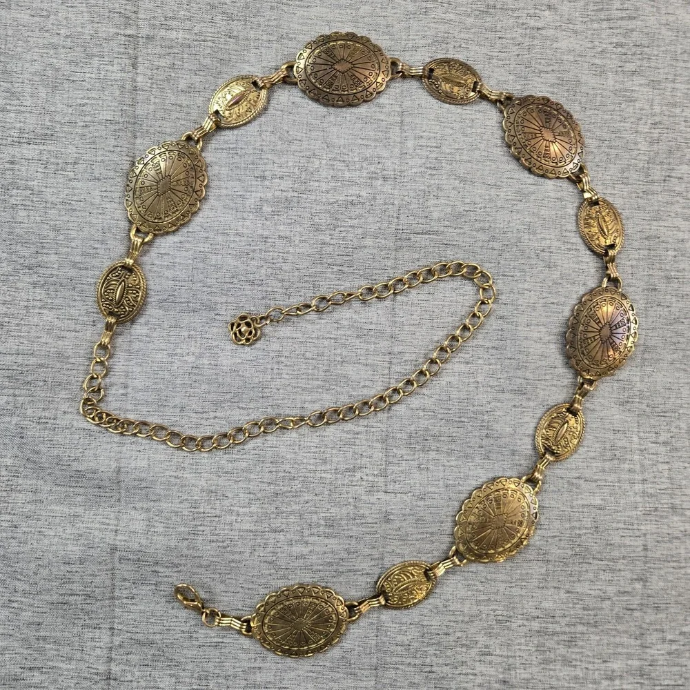 Antiqued Gold-tone Women's Concho Medallion Adjustable Chain Belt Fits 28
